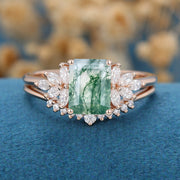 Natural Green Moss Agate 2PCS Emerald cut Cluster Engagement ring Bridal Sets 