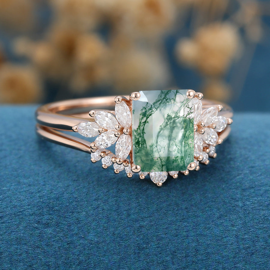 Natural Green Moss Agate 2PCS Emerald cut Cluster Engagement ring Bridal Sets 