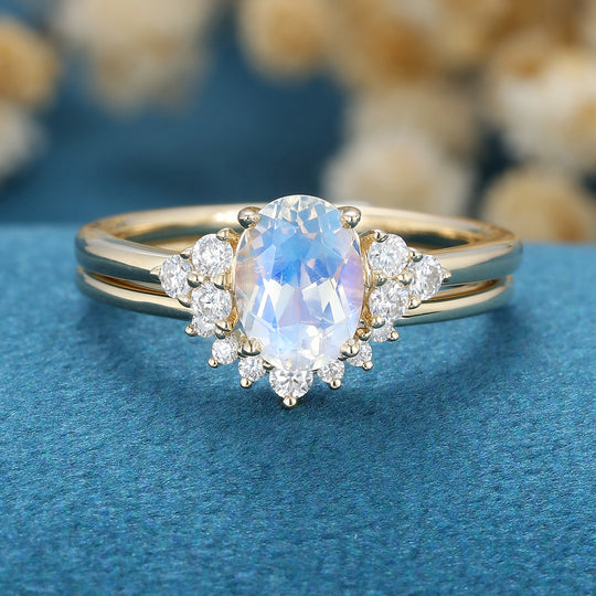 Oval cut Moonstone Cluster Engagement ring Bridal Set 