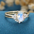 Oval cut Moonstone Cluster Engagement ring Bridal Set 