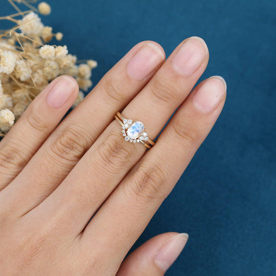 Oval cut Moonstone Cluster Engagement ring Bridal Set 