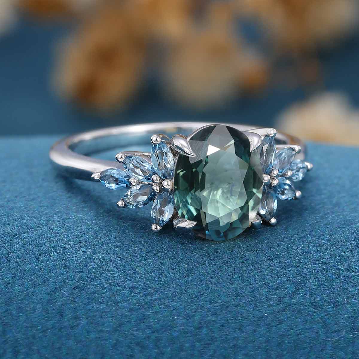 Oval cut Blue Green Sapphire Cluster Engagement Ring 