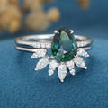 Pear Blue Green Sapphire Halo Engagement Ring Bridal Set 