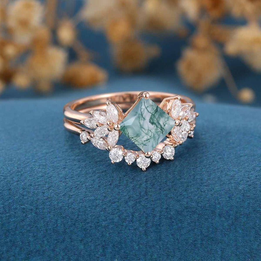 Natural Green Moss Agate Princess cut cluster Engagement Ring Bridal Sets 