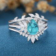 3PCS Pear Cut Turquoise Cluster Engagement ring Set Bridal Set 