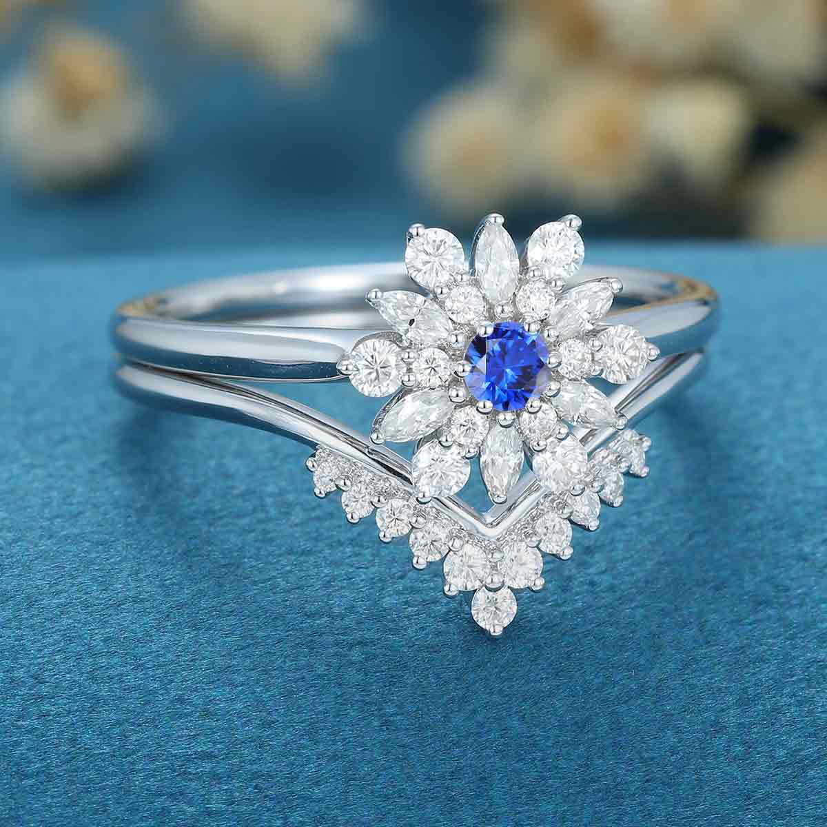 Round Cut Lab Sapphire Halo Engagement ring Bridal Set 