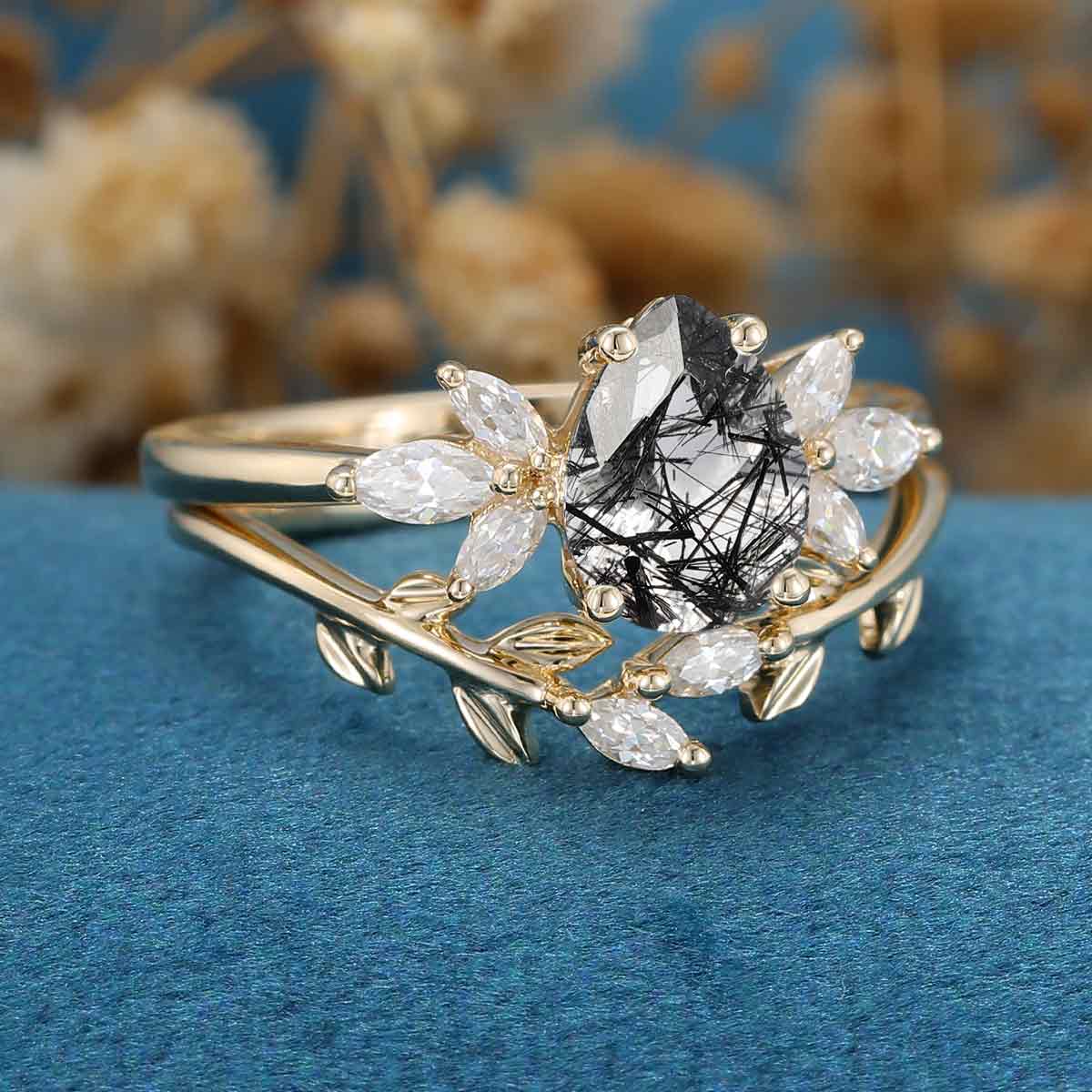 Pear cut Black Rutilated Quartz Engagement ring Bridal Set