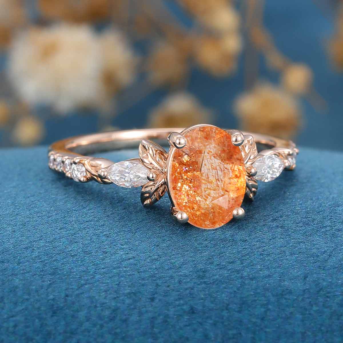 Oval cut Sunstone Cluster Engagement Ring 