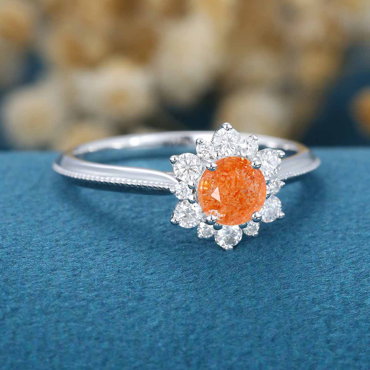 5mm Round cut Sunstone Flower Halo Engagement ring 