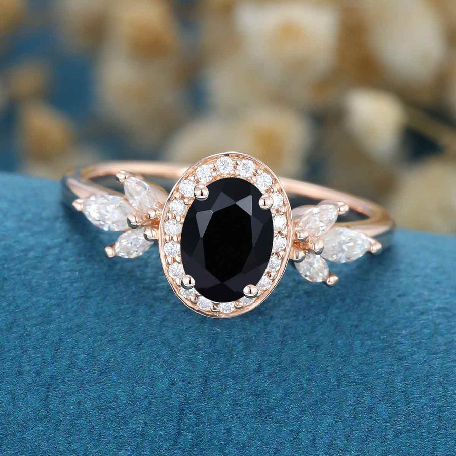 Oval cut Black Onyx Cluster Engagement Ring 