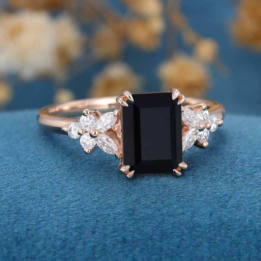 Emerald cut Black Onyx Cluster Engagement Ring 