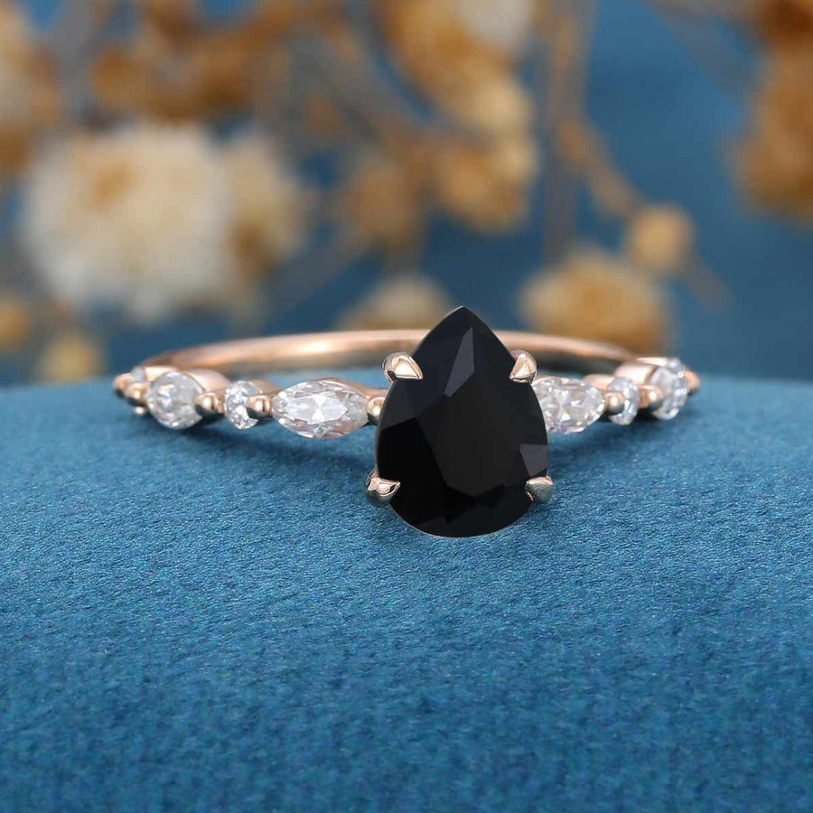 Pear cut Black Onyx Cluster Engagement Ring 