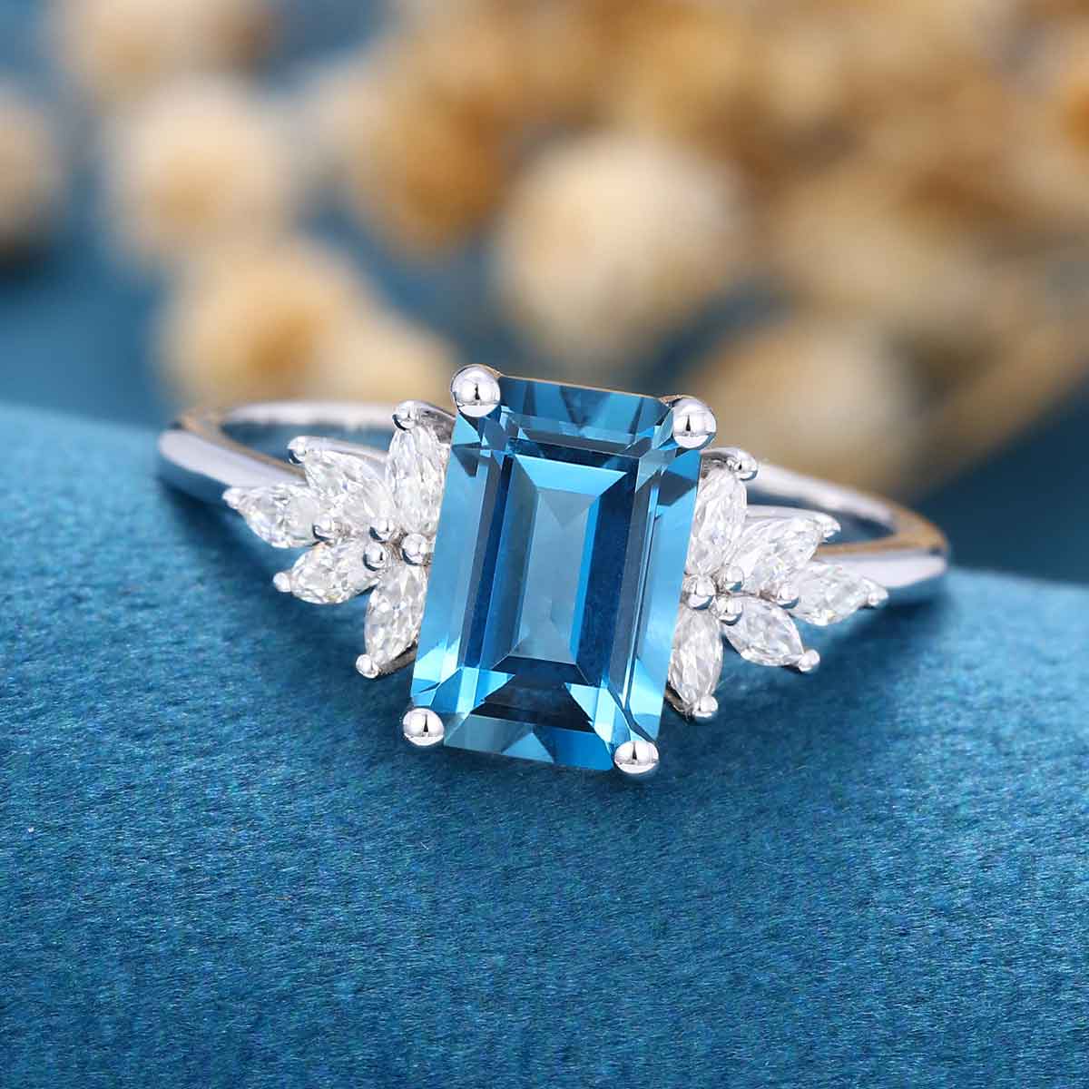 6*9mm Emerald cut London Blue Topaz Cluster Engagement Ring 