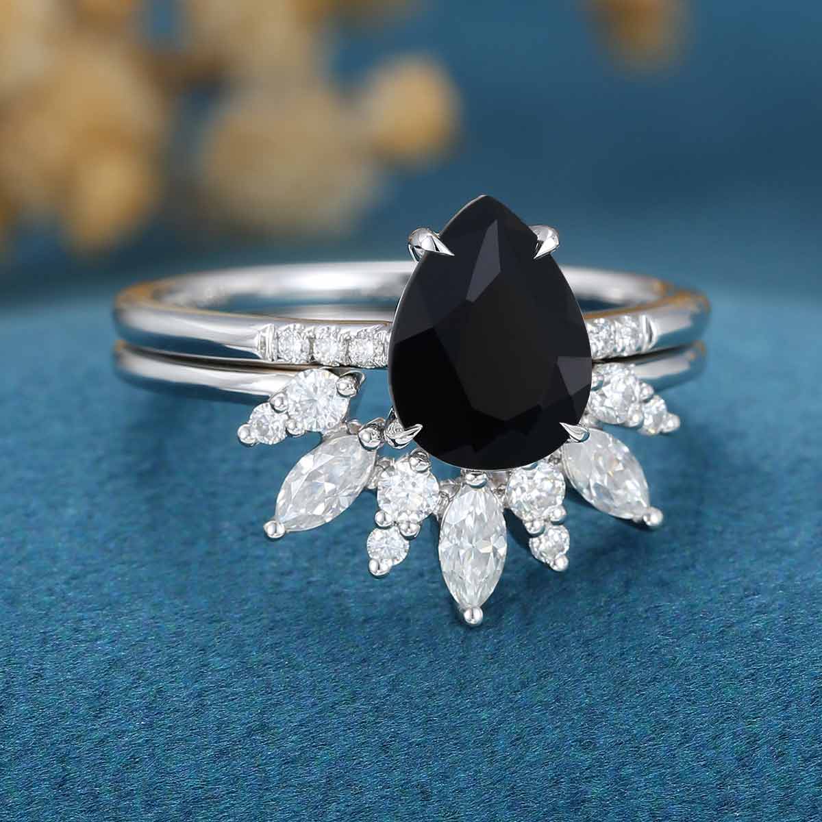 Pear Black Onyx Halo Diamond Engagement Ring Bridal Set 