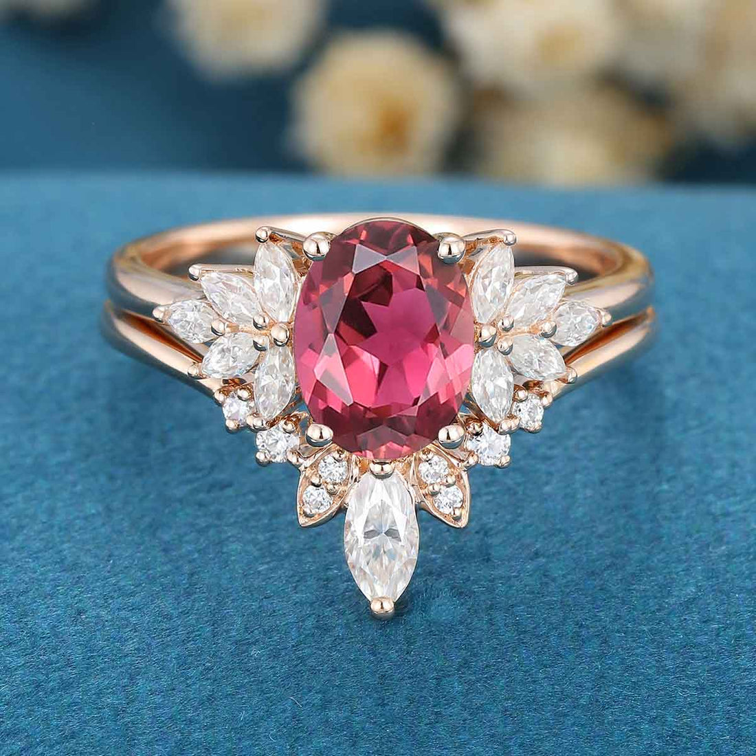 Oval cut Tourmaline Cluster Engagement ring Bridal Set 