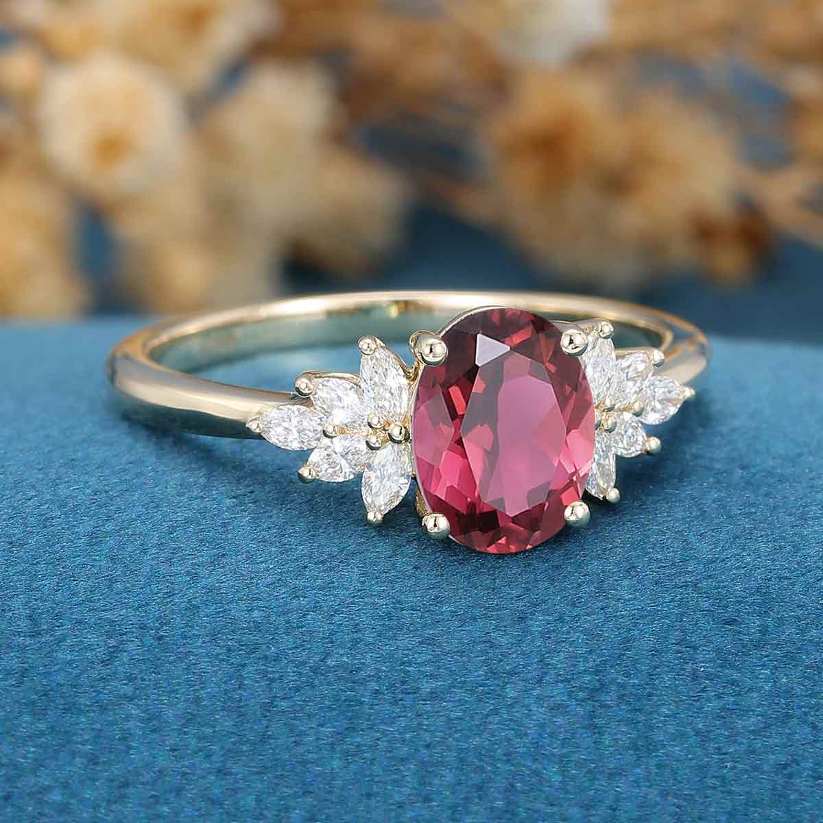 Oval cut Tourmaline Cluster Engagement Ring 