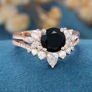 2PCS Round Black Onyx Cluster Engagement Bridal Set 