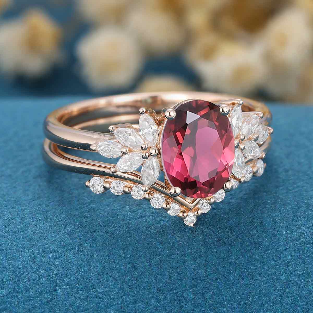 Oval cut Tourmaline Cluster Engagement ring Bridal Set 