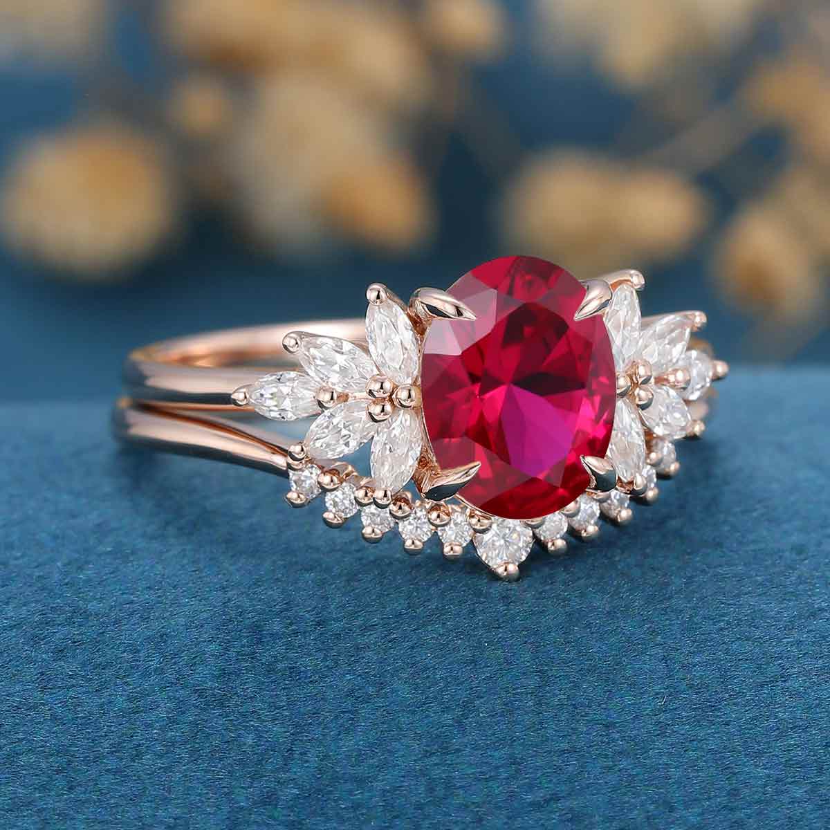 Oval cut Ruby Cluster Engagement ring Bridal Set 