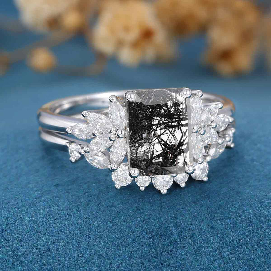 Emerald cut Black Rutilated Quartz Engagement ring Bridal Set 