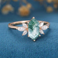 Natural Green Moss Agate Long Hexagon Cut Cluster Engagement rings 