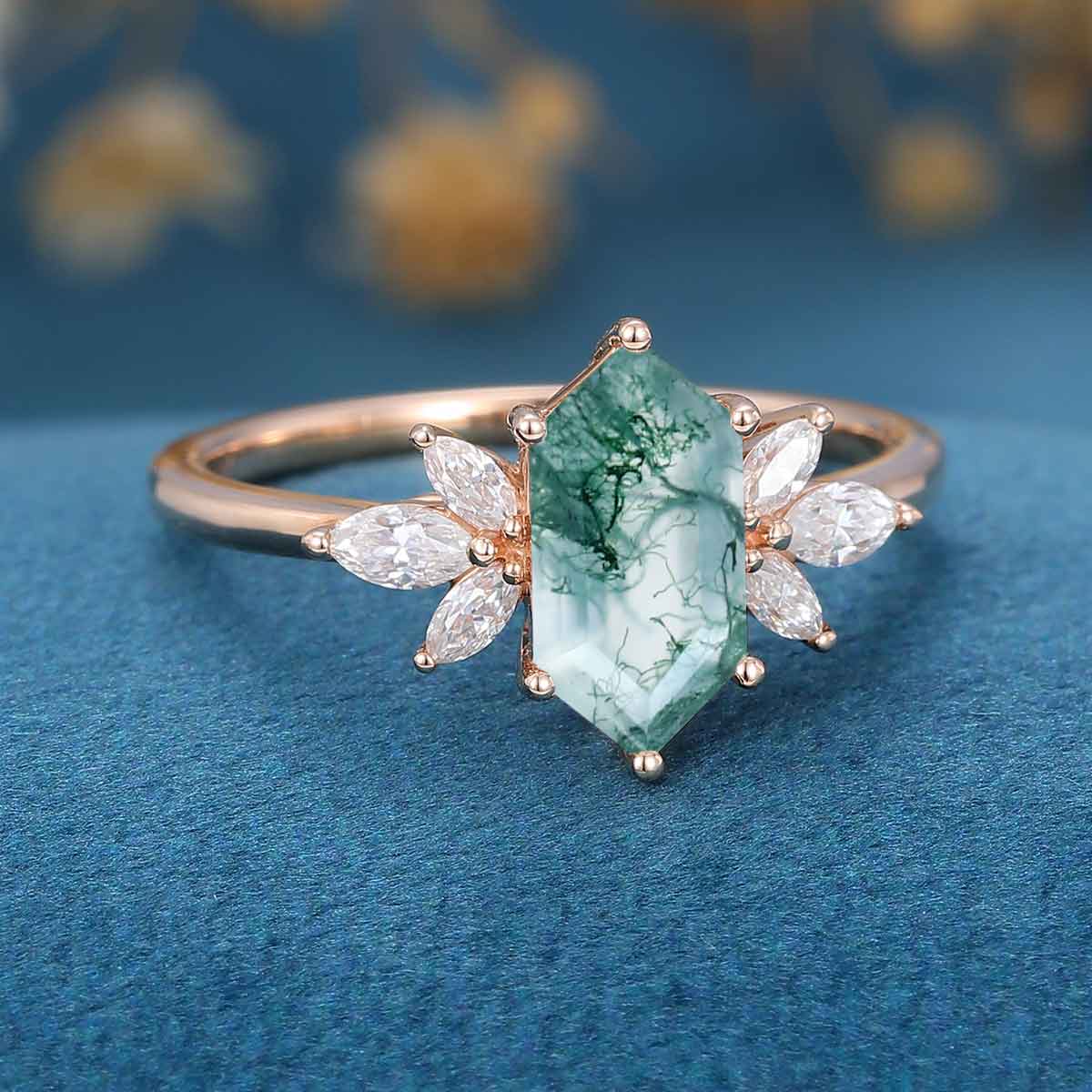 Natural Green Moss Agate Long Hexagon Cut Cluster Engagement rings 