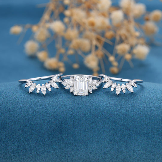 1.75 Carat Emerald cut Moissanite Cluster Engagement Ring Bridal Set 
