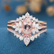 3PCS Marquise cut Morganite Cluster Engagement ring Bridal Set 