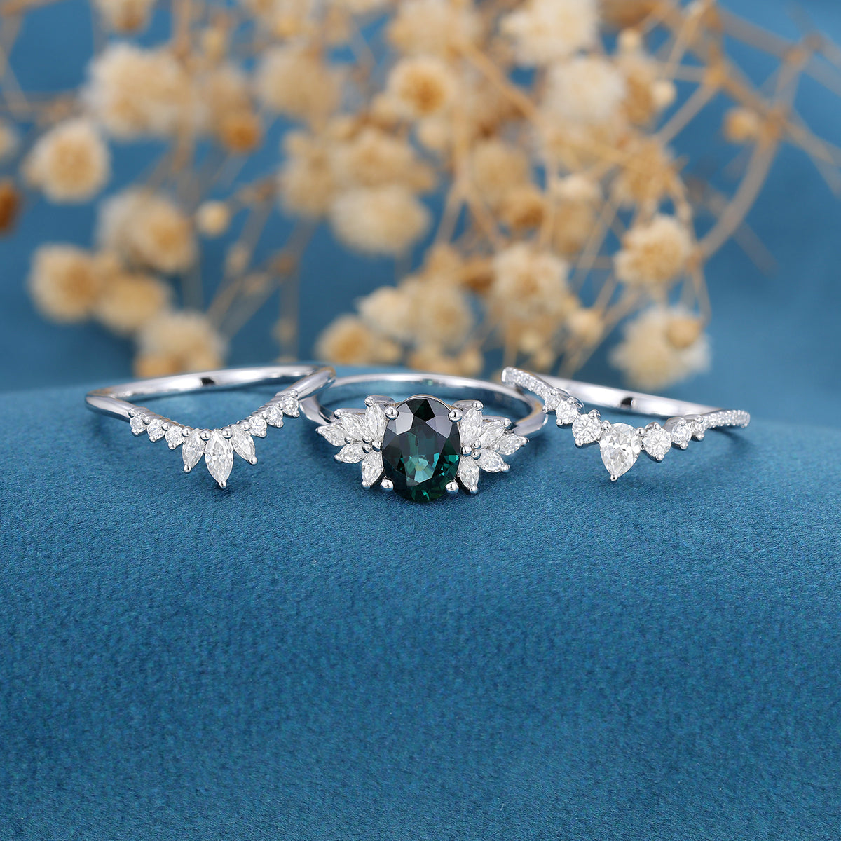 3PCS Oval cut Blue green sapphire Engagement Ring Set 