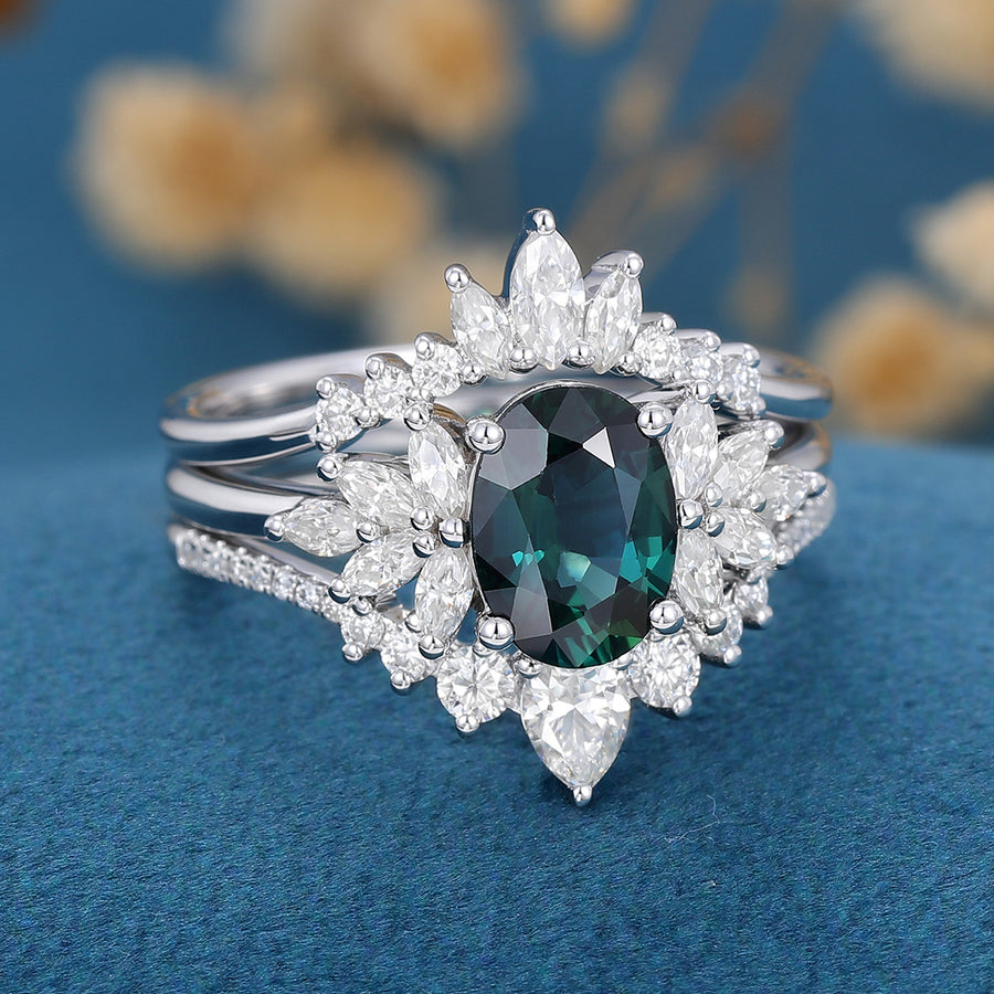3PCS Oval cut Blue green sapphire Engagement Ring Set 