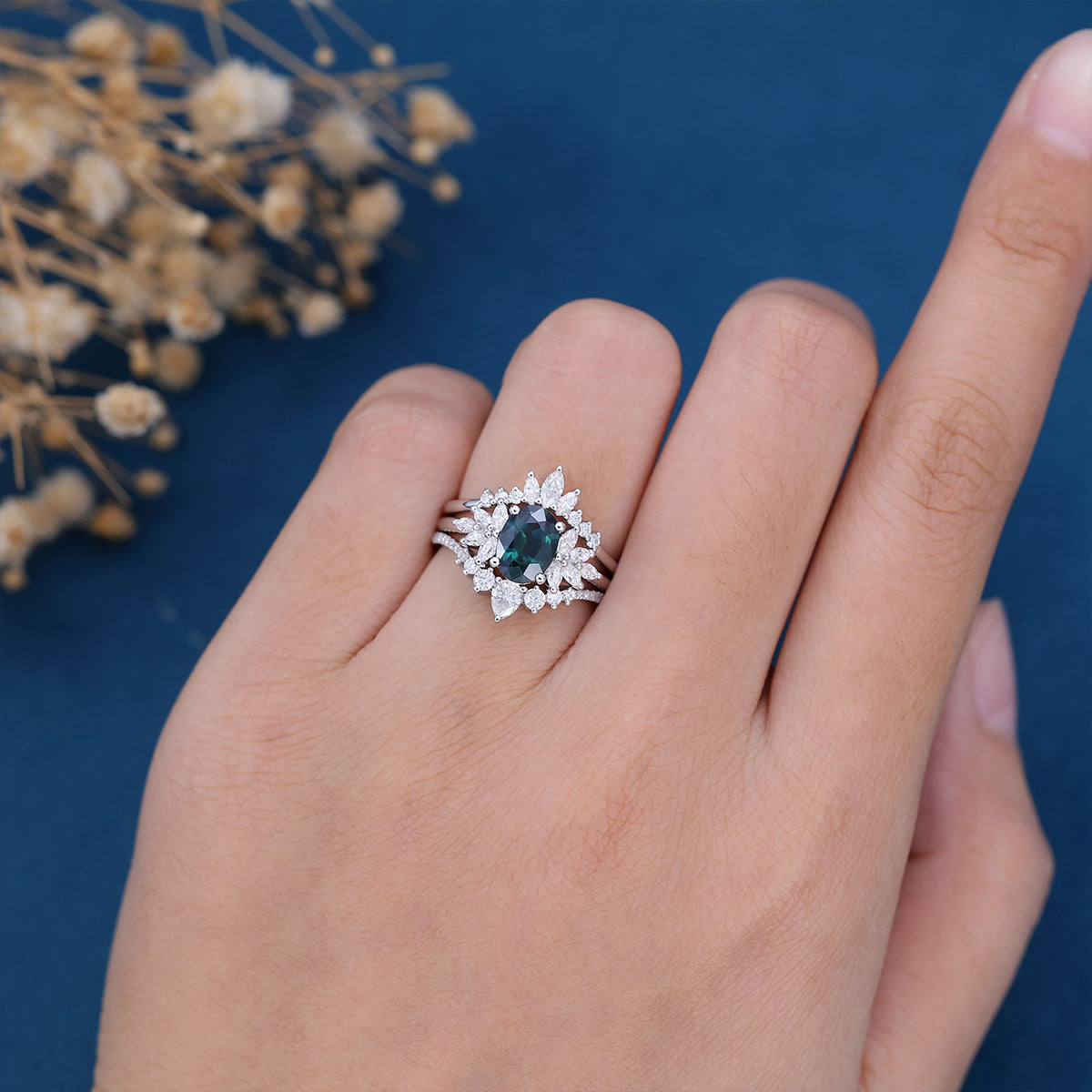 3PCS Oval cut Blue green sapphire Engagement Ring Set 