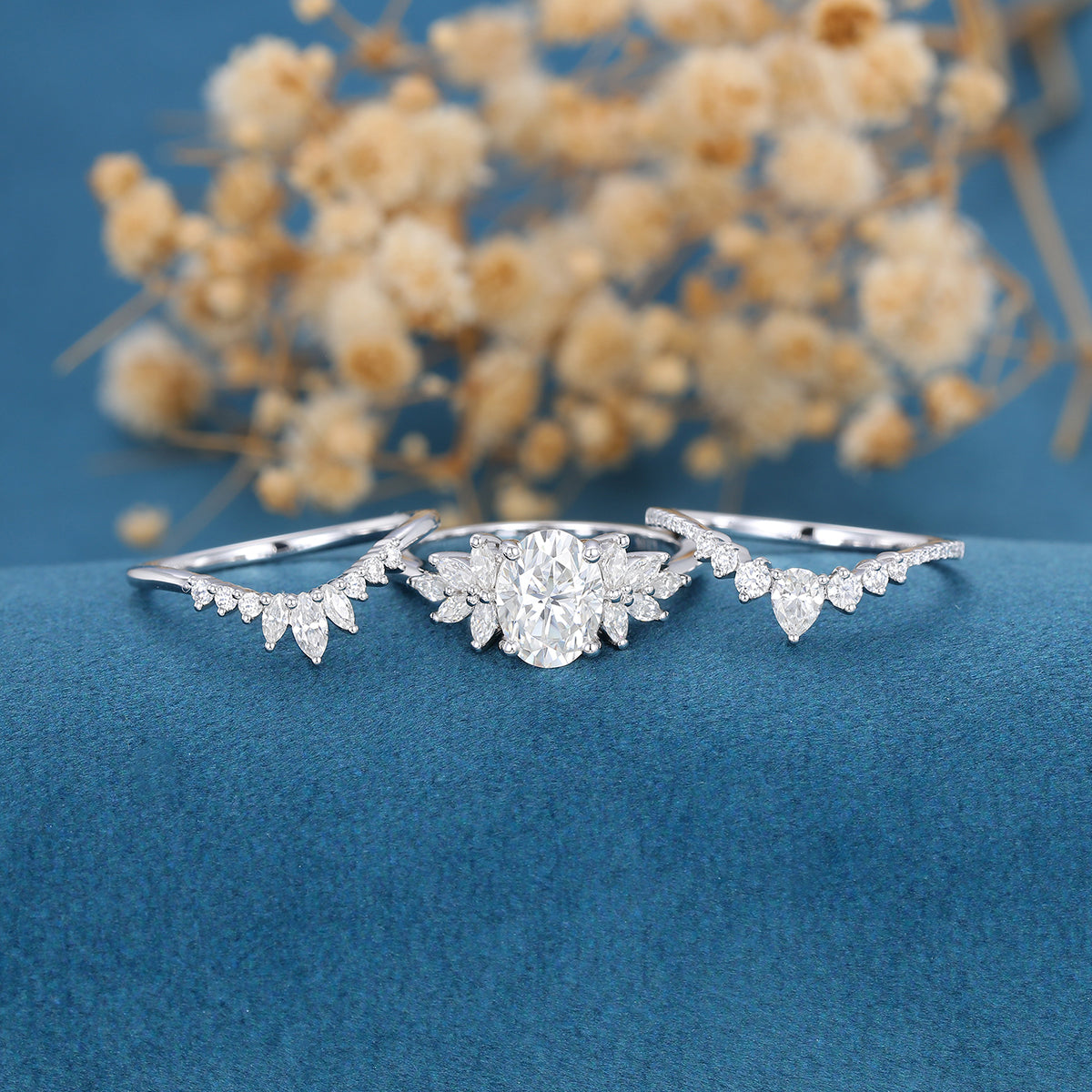 3PCS Oval Moissanite Cluster Engagement ring Bridal Set 