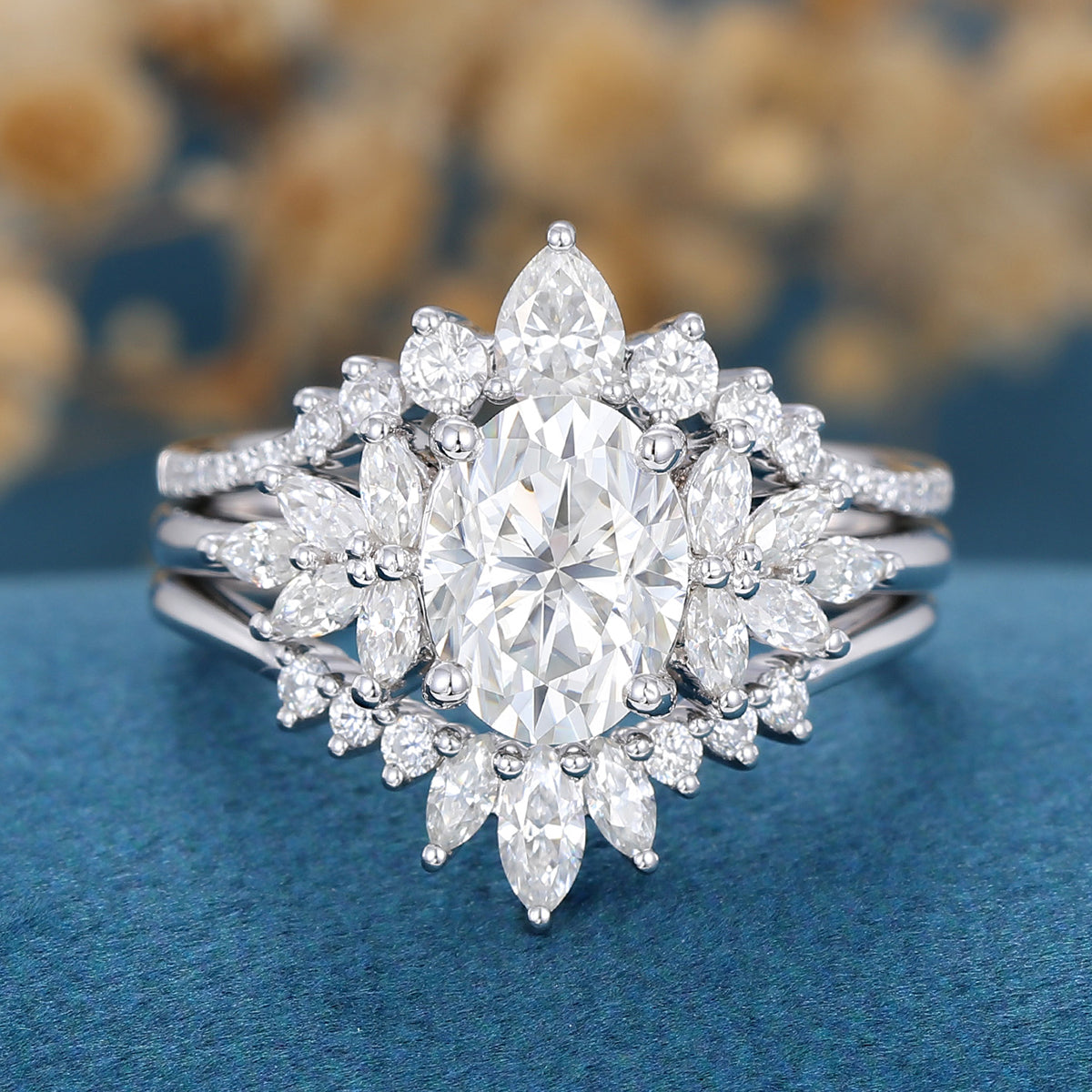 3PCS Oval Moissanite Cluster Engagement ring Bridal Set 