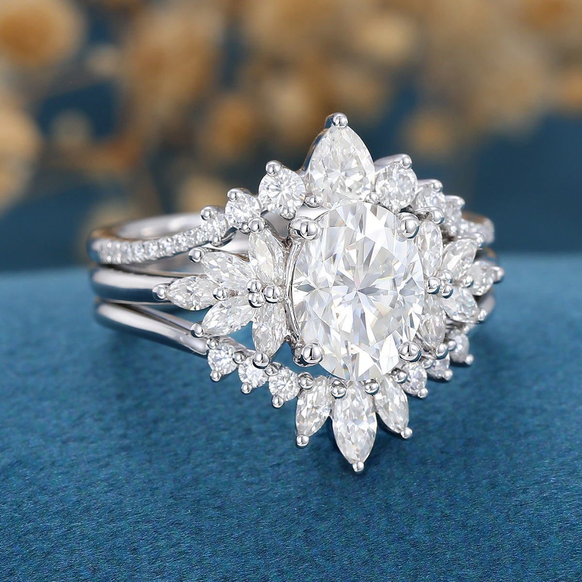 3PCS Oval Moissanite Cluster Engagement ring Bridal Set 