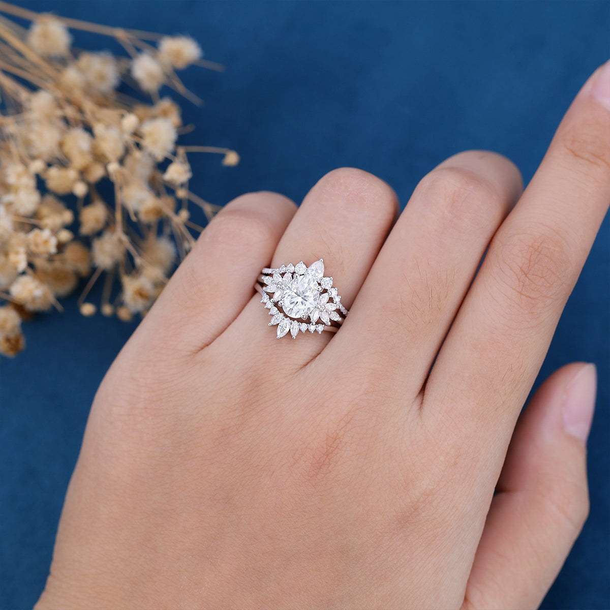 3PCS Oval Moissanite Cluster Engagement ring Bridal Set 