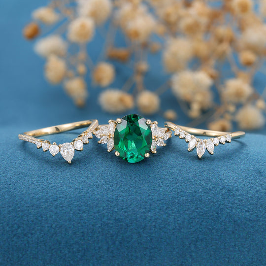 3PCS 8*10mm Oval cut emerald Engagement ring Bridal Set 