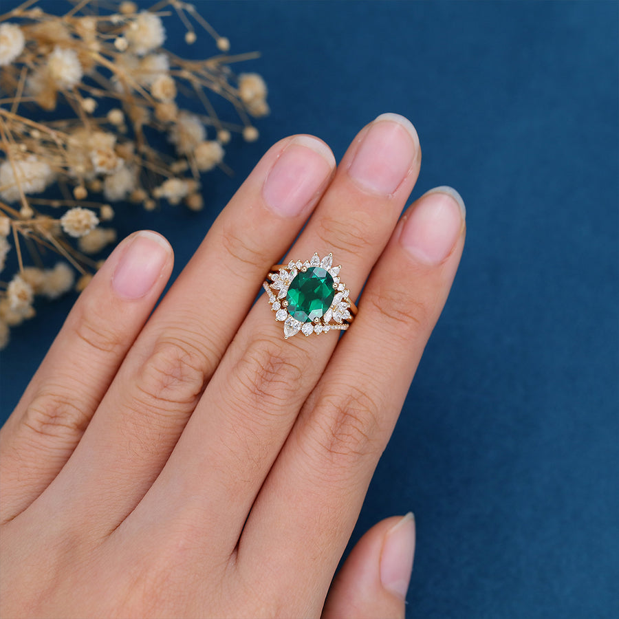 3PCS 8*10mm Oval cut emerald Engagement ring Bridal Set 