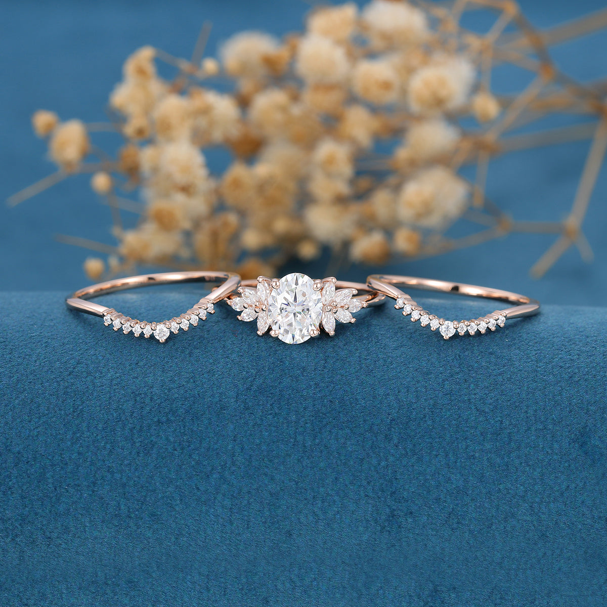 3PCS Oval  cut Moissanite Cluster Engagement ring Bridal Set 