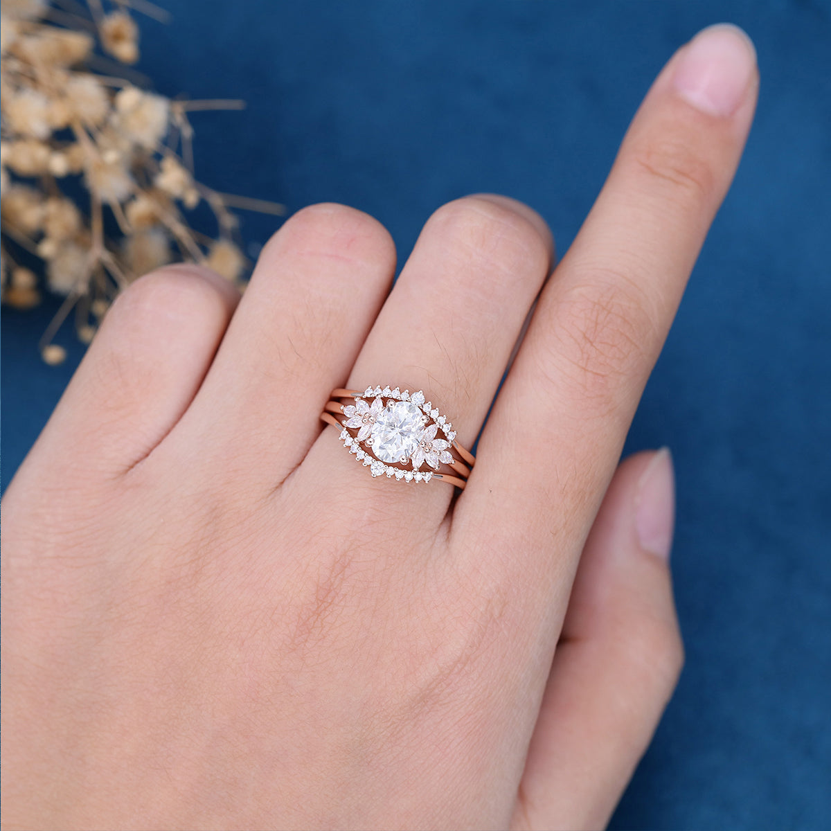 3PCS Oval  cut Moissanite Cluster Engagement ring Bridal Set 