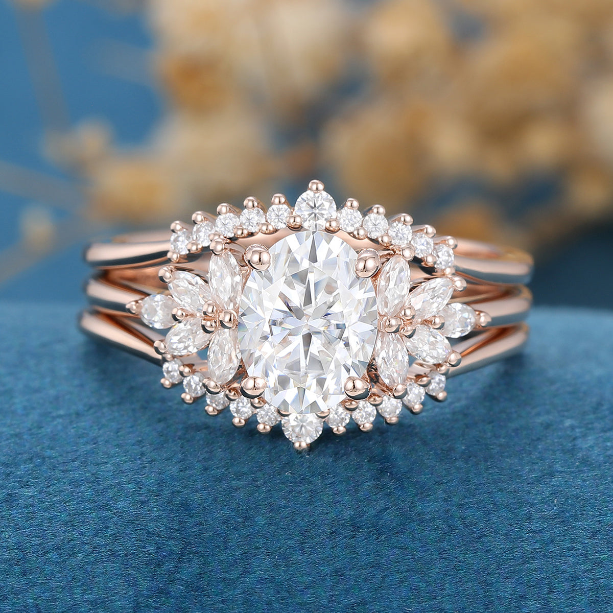 3PCS Oval  cut Moissanite Cluster Engagement ring Bridal Set 
