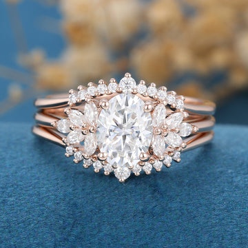 3PCS Oval  cut Moissanite Cluster Engagement ring Bridal Set 