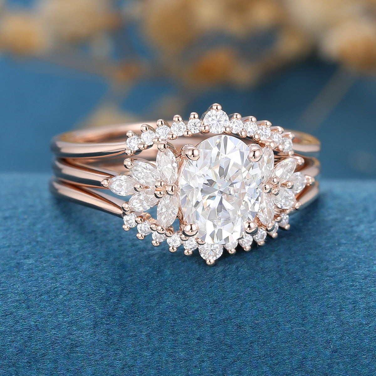 3PCS Oval  cut Moissanite Cluster Engagement ring Bridal Set 