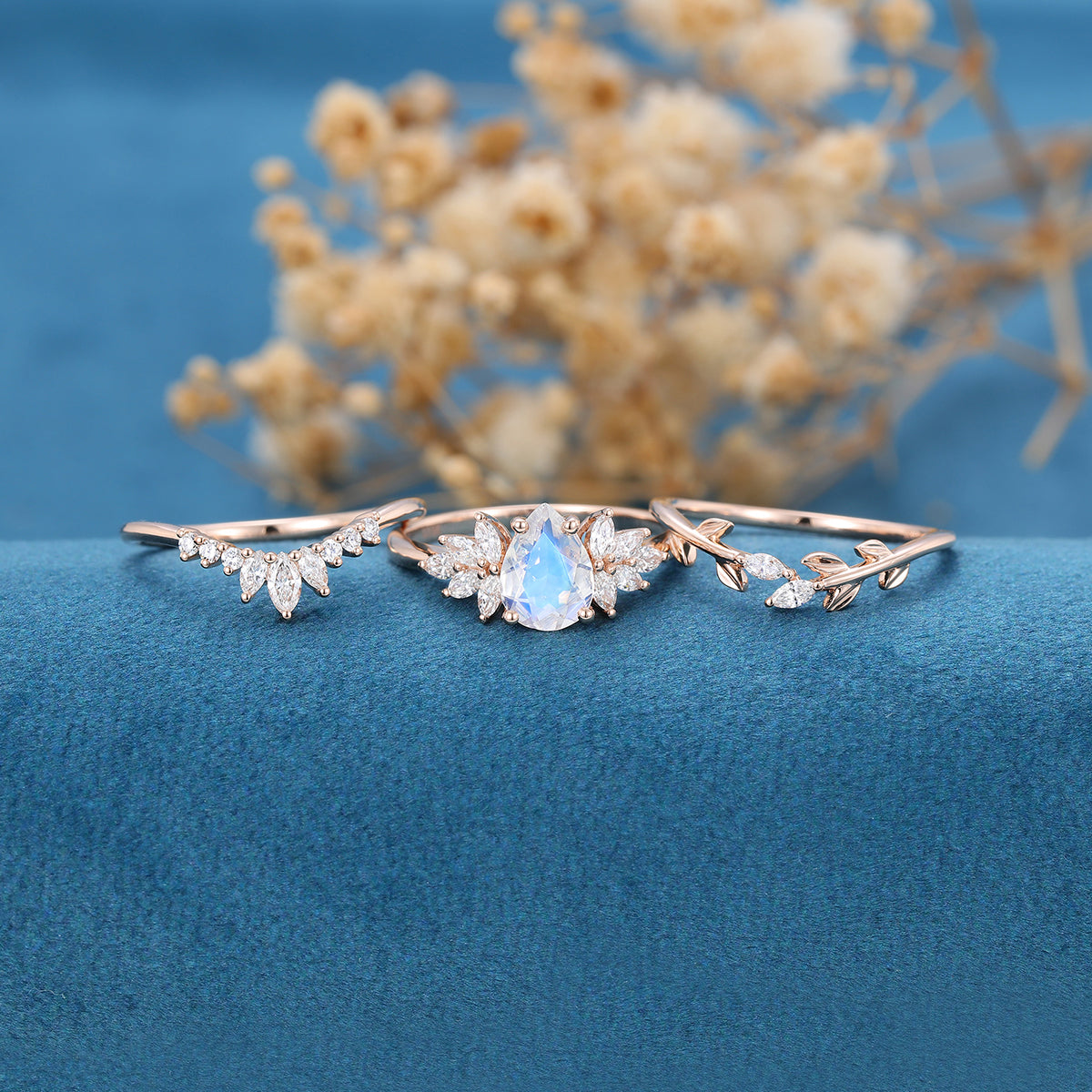 3PCS Pear Moonstone Cluster Engagement Ring Bridal Set 