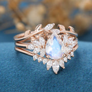 3PCS Pear Moonstone Cluster Engagement Ring Bridal Set 