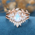 3PCS Pear Moonstone Cluster Engagement Ring Bridal Set 