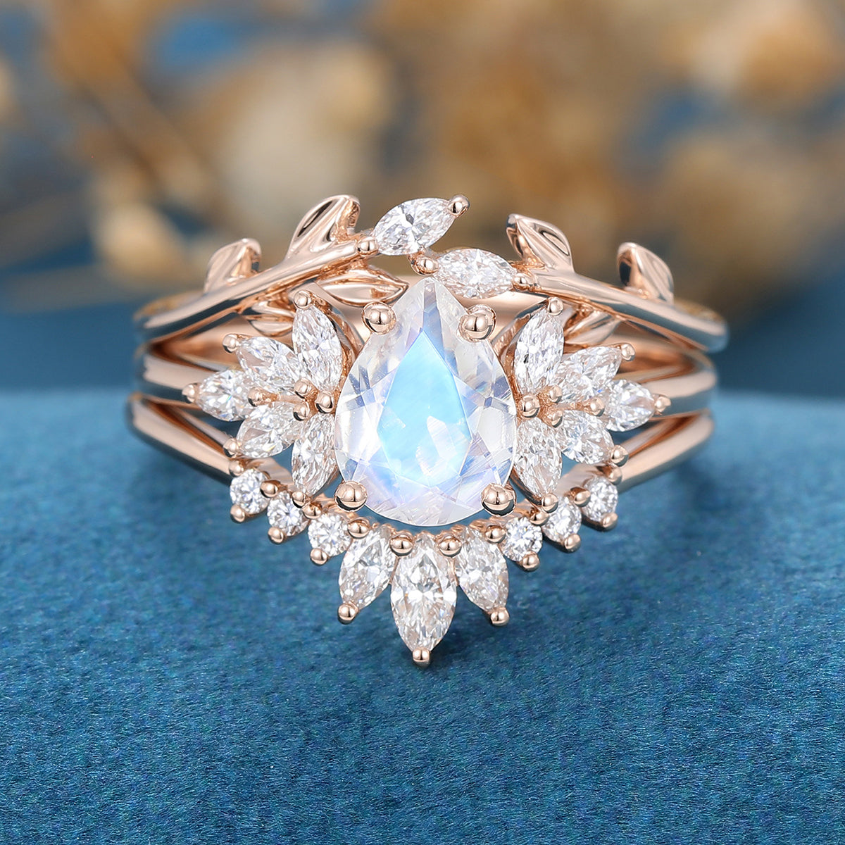 3PCS Pear Moonstone Cluster Engagement Ring Bridal Set 