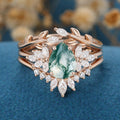 Natural Green Moss Agate 3PCS Pear Cluster Engagement ring Bridal Sets 