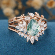 Natural Green Moss Agate 3PCS Pear Cluster Engagement ring Bridal Sets 