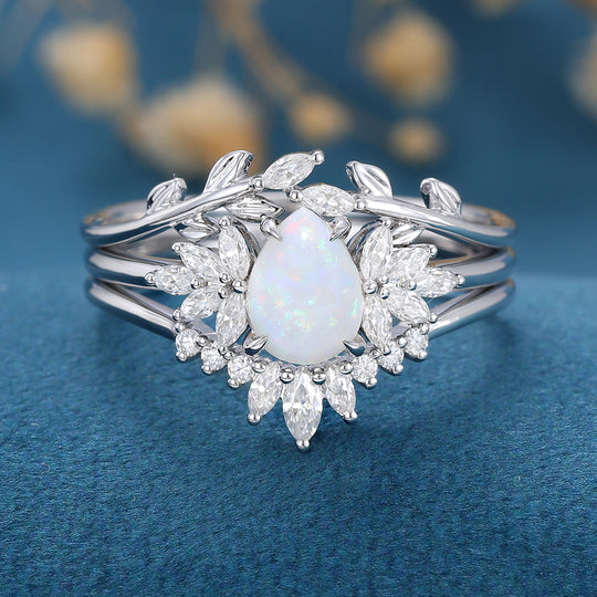 3PCS Pear cut Opal Engagement ring Bridal Set 