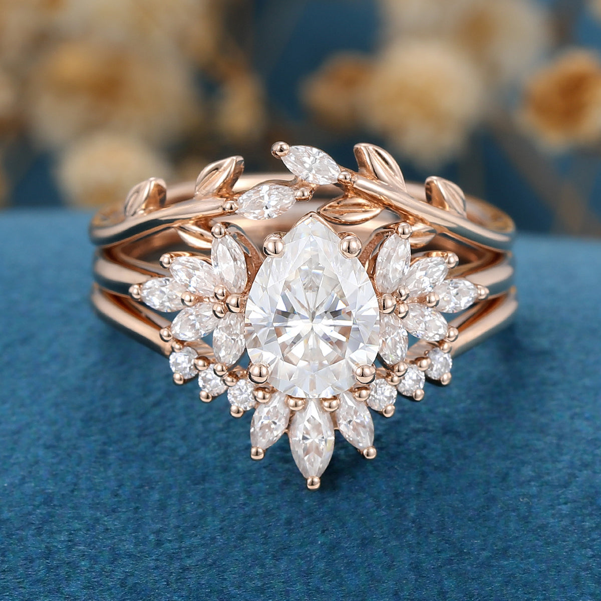 3PCS Pear Moissanite Cluster Engagement ring Bridal Set 